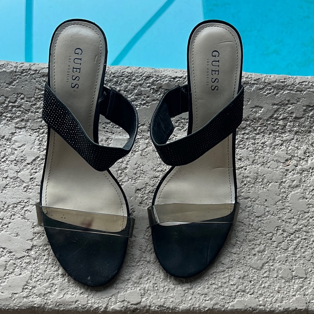 GUESS Black and Clear Heeled Sandals